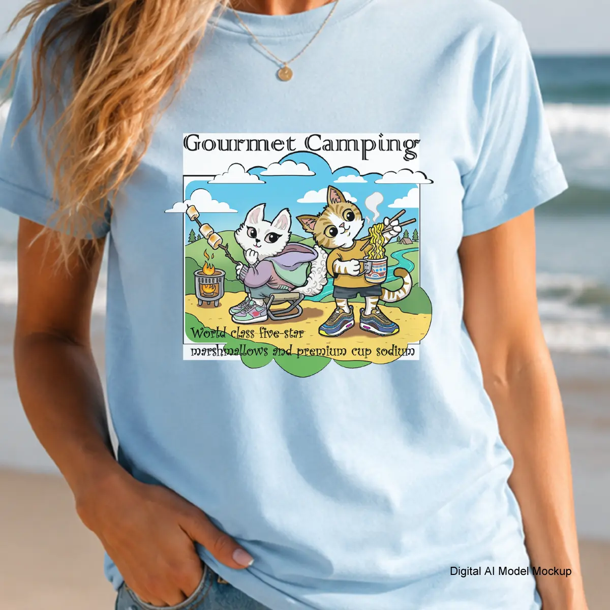 Gourmet Camping Cats Graphic Tee • Funny Cat Camping Illustration Shirt • Sarcastic Outdoor Camp Vibe Top • Gildan 64000 Womenswear Apparel Cute