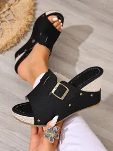 Vintage Metal Buckle Wedge Sandals, Summer Breathable Jute Woven Thick Sole Women's Shoes, Casual Versatile Open Toe Slip-On
