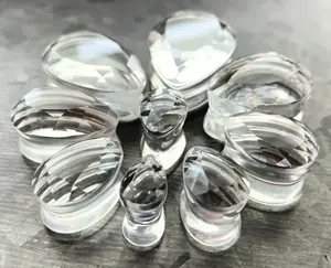 PAIR of Stunning Faceted Clear Glass Teardrop / Tear Drop Double Flare Plugs - Gauges 0g (8mm) up to 1" (25mm)