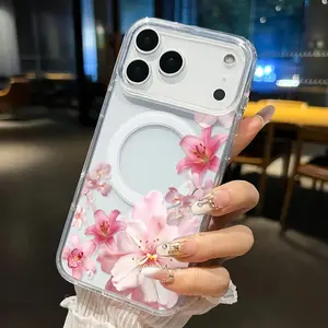 Magnetic Soft Phone Case for iPhone 17 16  Pro Max Plus 15 14 13 12 11 Air E Blush Floral Cascade Pattern Anti-Yellowing Shockproof ultra-thin Silicone Crystal Transparent Acrylic Large Hole Cover Safety Protective Casing, Accessories, Smartphone