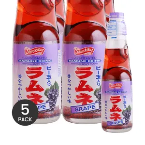 5 Pack SHIRAKIKU Japanese Ramune Marble Soda Grape Flavor 6.76 fl oz Each - Classic Fun Drink