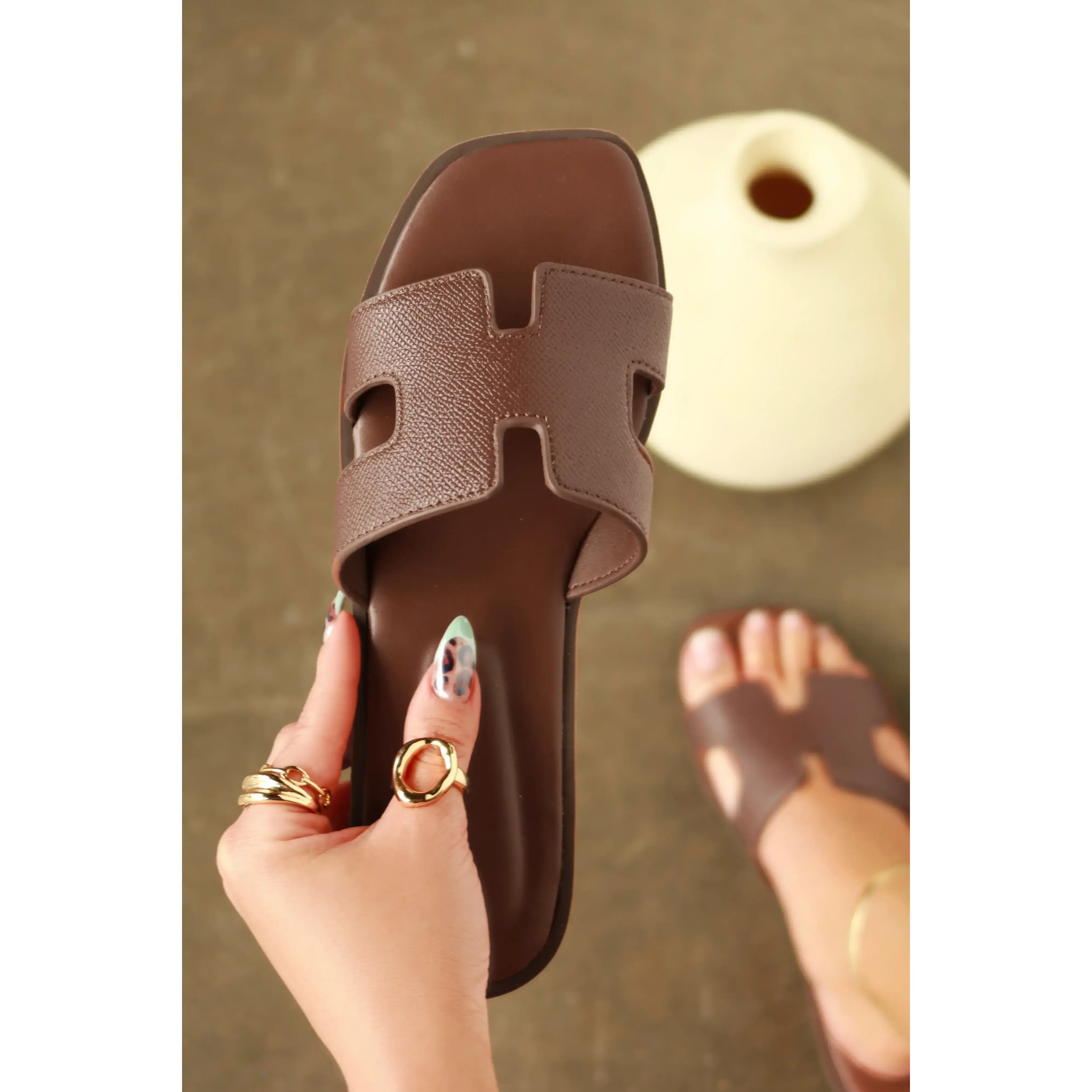 Elara Flat Slip On Sandals - Brown