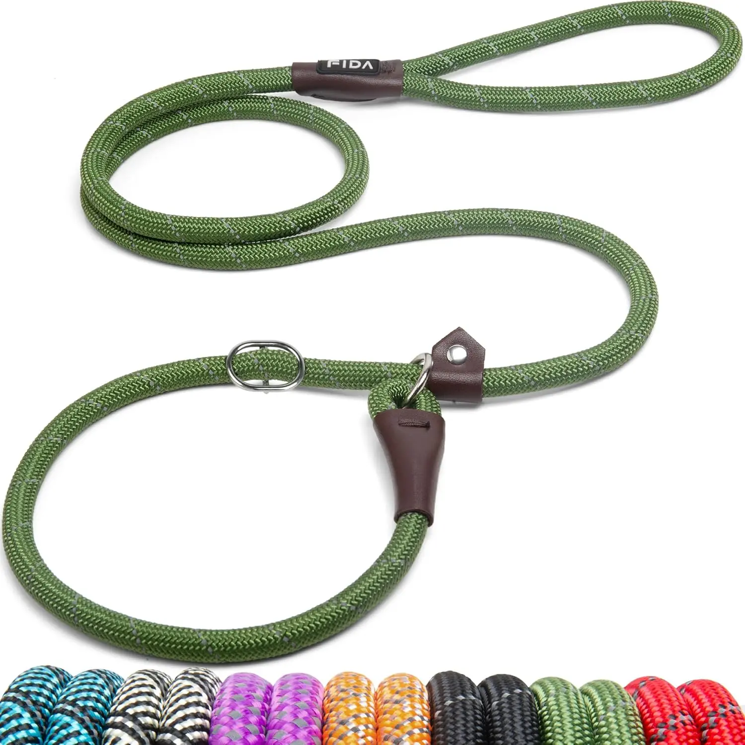Fida Nylon Dog Slip Lead, 6ftx0.5in Buckle-Free Training Leash with Metal Ring for Medium-Large Dogs, Trainer-Recommended Anti-Pull Anti-Choke Adjustable Loop, No Collar Needed for Controlled Walk & Easy Control, Reflective for Safe Nights Hiking