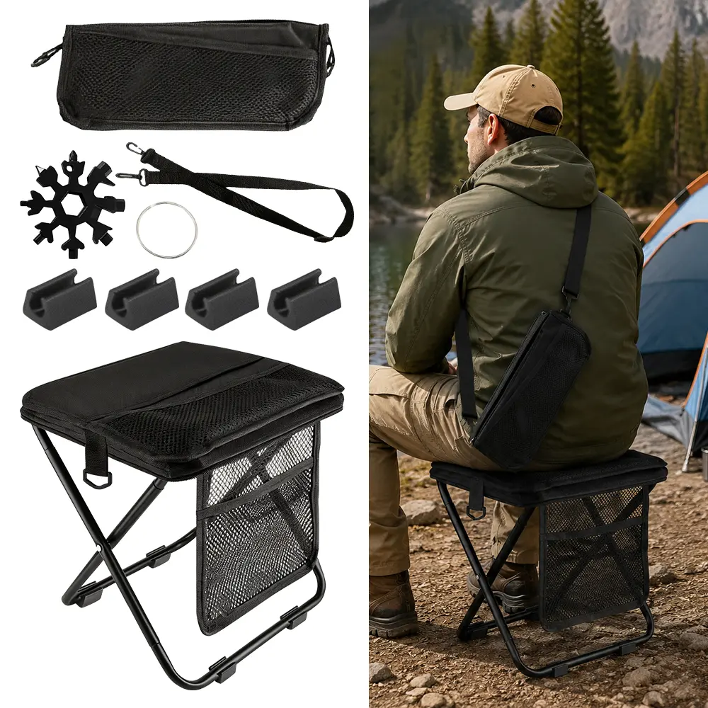 Portable Foldable Oxford Cloth Backpack Stool - 1.2lb Lightweight Space Saver Collapsible Chair with Storage Pockets for Camping, Hiking (Black)