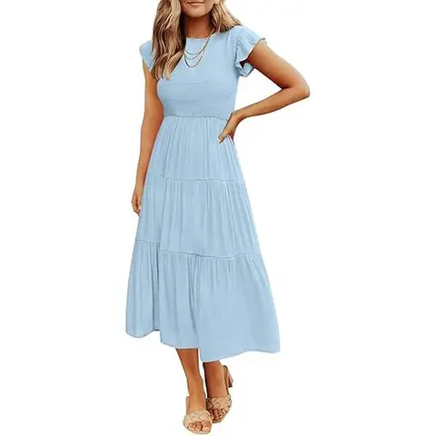 ZESICA Women's 2026 Summer Short Sleeve Midi Casual Dress - Crew Neck, Flutter Sleeves, Smocked Elastic Waist, Tiered, Bold Colors, Chic, Hang Dry, Wedding Guest Ready