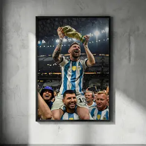 Lionel Messi World Cup Victory Poster  Argentina Champion Celebration Wall Art, Iconic Messi Lifting Trophy Print for Sports Rooms Fans. ( Unframed - Print Only )