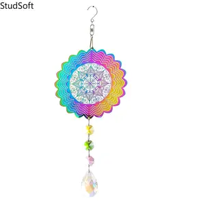 New Mandala Wind Spinner, Colorful 3D Stainless Steel Rotating Wind Chime, Glass Prism Art Aesthetic Decor for Garden & Yard
