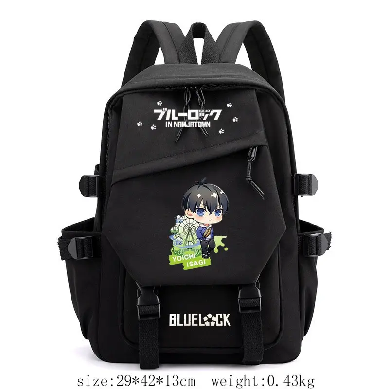 Men's Blue Lock Anime Itoshi Rin Q-Version Printed Casual Nylon Backpack - Adjustable Side Buckle Straps, Multi-Zipper Pockets, Side Water Bottle Holders, Lightweight Wear-Resistant Daypack