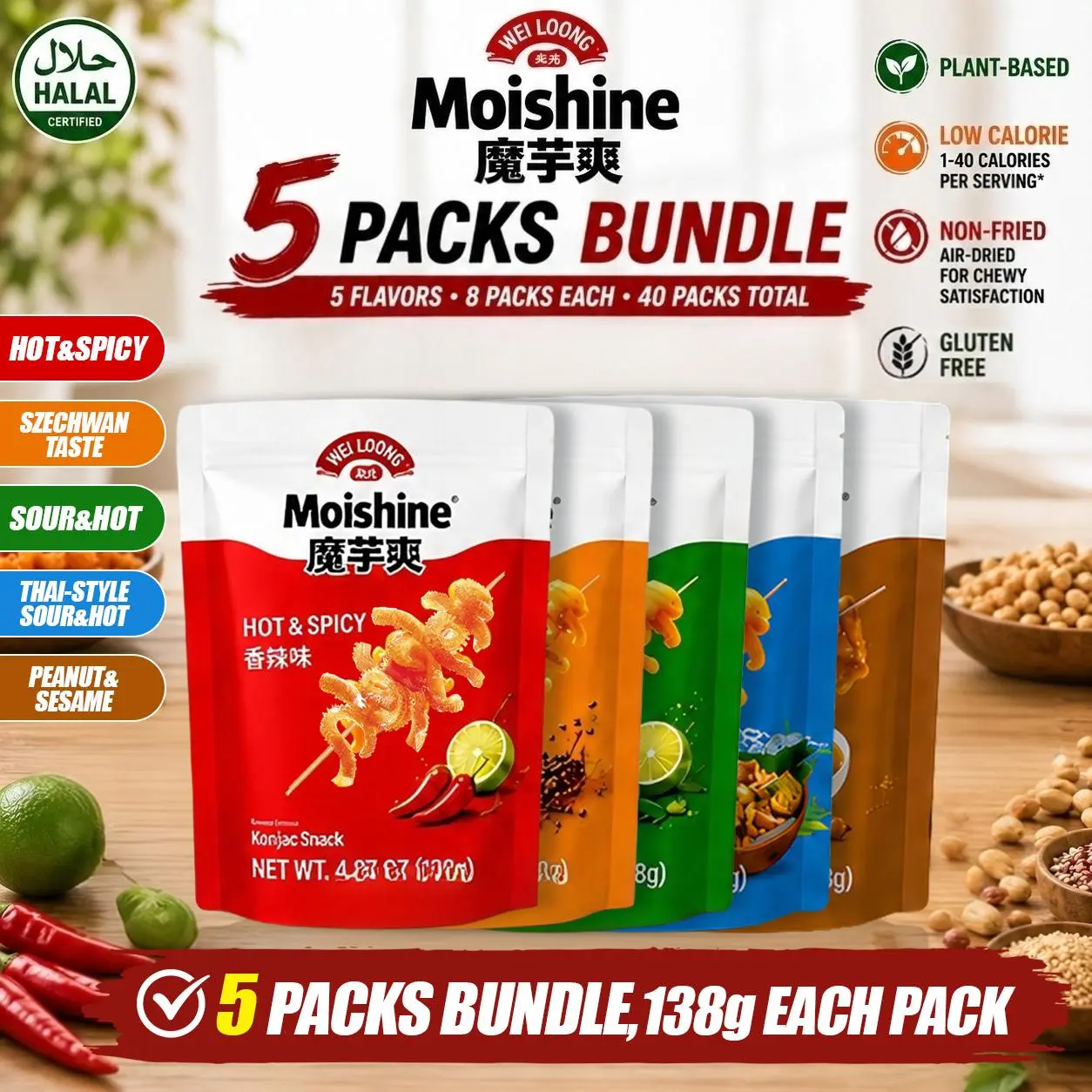 WEILOONG Moisture Konjac Snack Variety Pack - 5 Flavors, Plant-Based, Low Fat, Halal Certified, 5 Bags (138g Each), 40 Individually Wrapped Packs (Back to School)