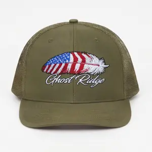 Richardson 112 Baseball Cap – A baseball cap featuring a feather and American flag design combined with the words "Ghost Ridge". An adjustable mesh baseball cap, a classic unisex style for men and women, perfect for everyday outdoor wear.