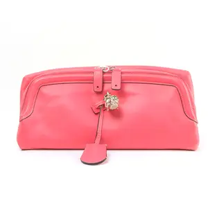Pre-owned Alexander McQueen Calfskin Bag Accessories Skull Padlock Clutch Fuchsia Red Leather with Gold Accents & Zip Closure MQ2 71525 BK3