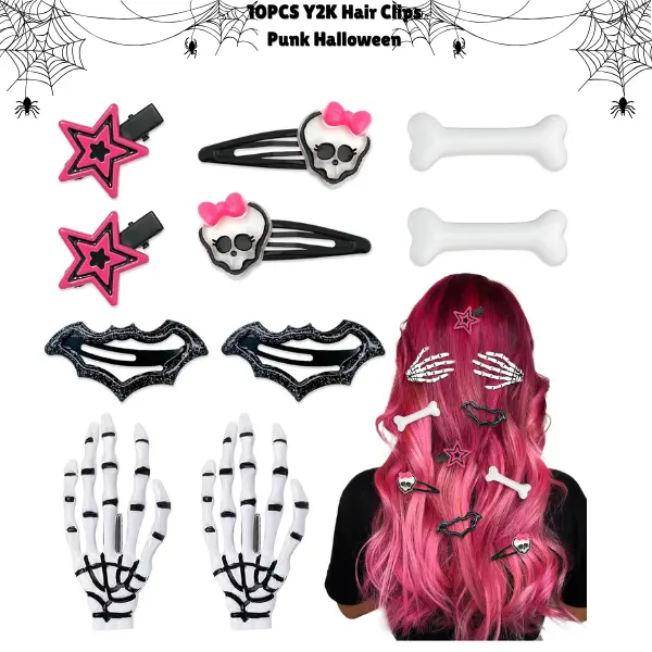 10PCS Y2K Hair Clips for Women & Girls, Halloween Hair Accessories, 90s Retro Punk Pastel Goth Hair Clips, Ghost Spider Star Skeleton Spooky Hair Barrettes, Cute Alternative Hair Accessories