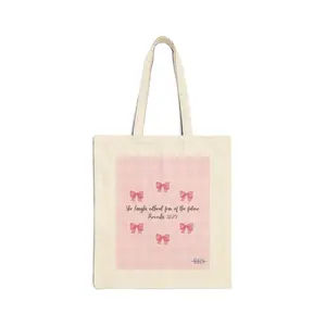 Faith Inspired Canvas Tote Bag, Proverbs 31:25 Pink Gingham Pattern, Cute Faithful Gift, Trendy Faith-based Shopping Bag, High Quality
