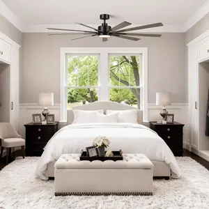 PARROT UNCLE 72” Matte Black Downrod Mount LED Windmill Ceiling Fan with Light Gray Wood Blades for Modern Home Decor
