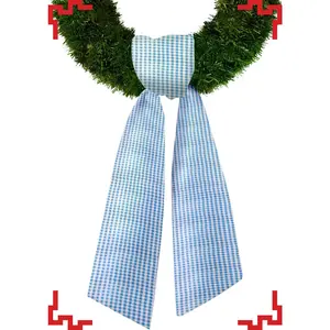 Baby Shower Wreath Sash for Front Door, Blue White Seersucker Sash Blue Buffalo Plaid Wreath Accessories for Home Birthday Christmas Decorations