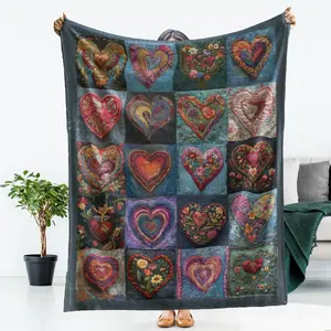 Hearts Patchwork Blanket Plush Fleece Soft Throw, Printed-On Embroidered Patch look, Faux Embroidery