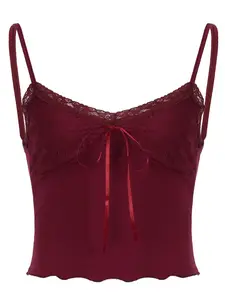 Women's Plain Contrast Lace Bow Decor Sleeveless Cami Top, Casual Spaghetti Strap Fit Top for Summer Womenswear, Women's Clothing for Daily Wear