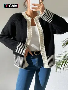Women's Striped Print Contrast Binding Raglan Sleeve Round Neck Fitted Cardigan, Casual Long Sleeve Open Front Knitwear for Fall & Winter, Fashion Women's Knit Clothing for Daily Wear, Knitted Top, Tops