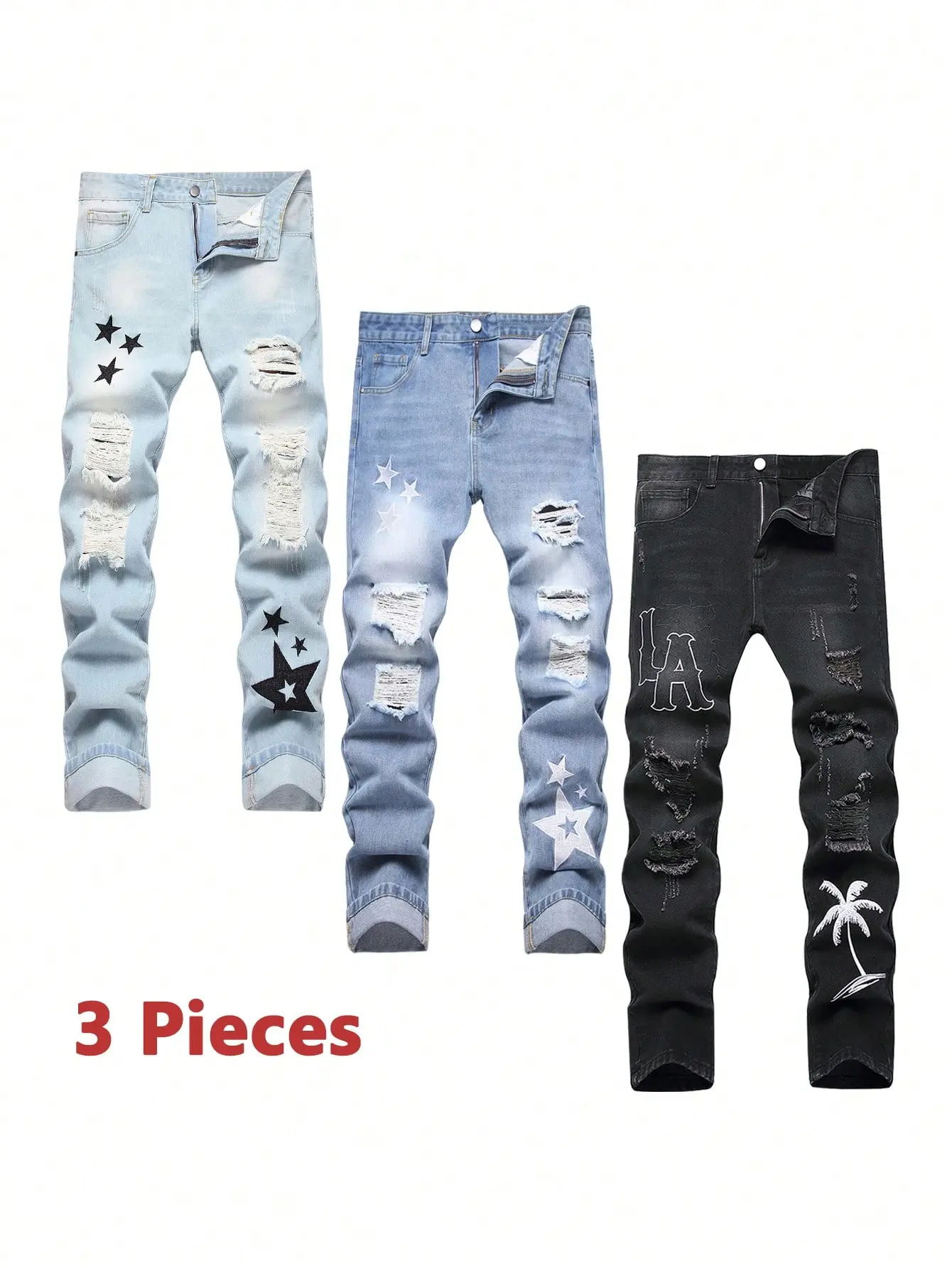 Men's 3-Piece Denim Jeans, Straight-Leg Slim-Fit Sun-Washed Better-Fitting Ripped Trousers, Light Blue/Blue/Black Streetwear Casual Menswear Bottoms, Denim Men's Jeans, Slimfit Men's Jeans