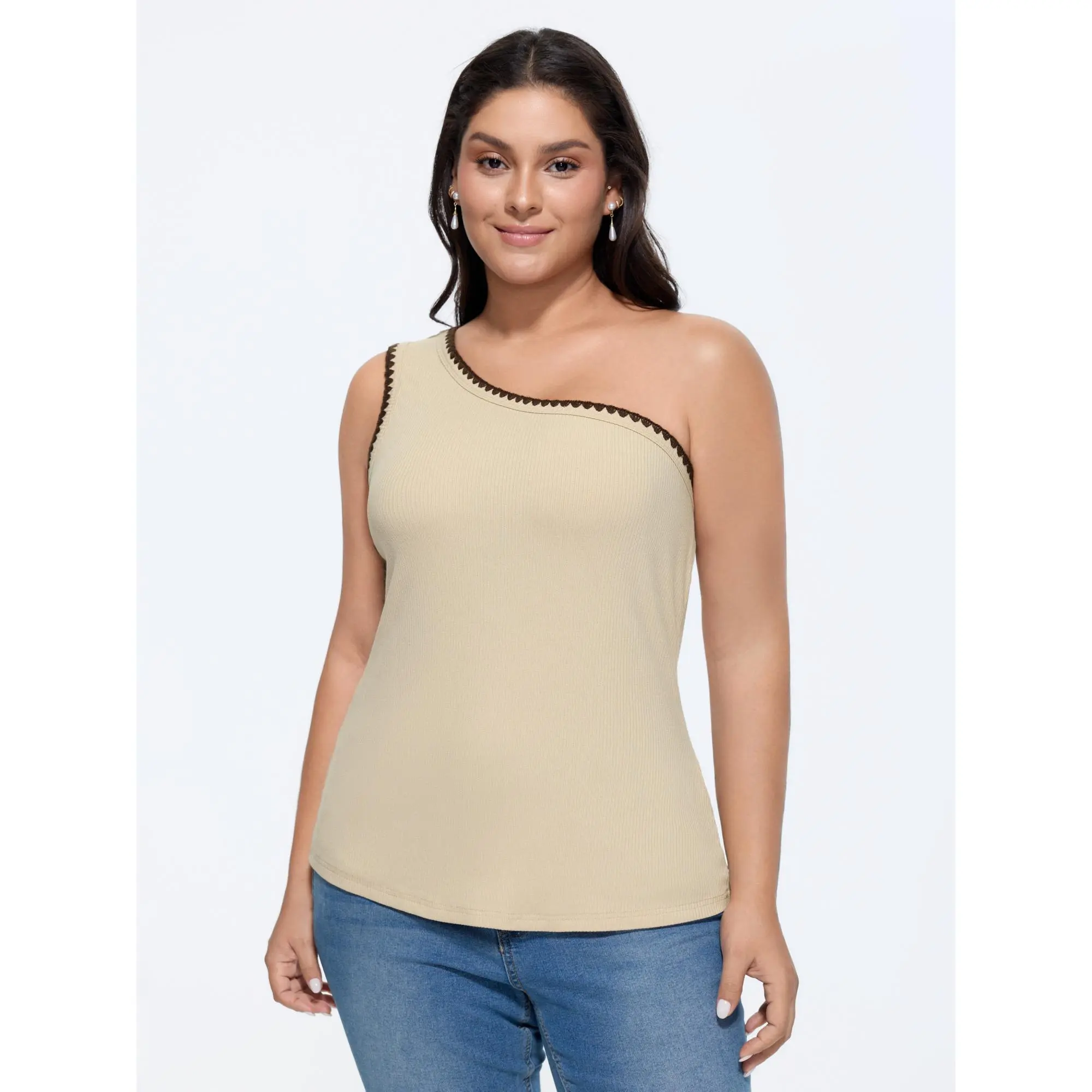BLOOMCHIC Plus Size Color Contrast One-Shoulder Knit Top[M-6X] 2026 Spotlight, Summer wins, Deals for you days