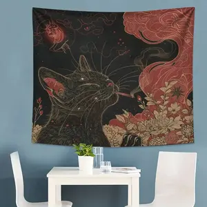 1pc Black Cat Smoking Under Moon & Floral Tapestry Wall Hanging - Peach Light Beige Fabric Horizontal Ceiling-Mounted Decor for Living Room, Bedroom, Office, Dorm, Party & Live Stream Background - No Installation Needed, Cat Decor, Home Decoration, Whimsi