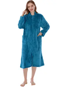 PAVILIA Womens Housecoat Zip Robe, Sherpa Zip Up Front Robe Bathrobe, Fuzzy Warm Zipper House Coat Lounger for Women Ladies Elderly with Pockets, Fluffy Fleece Long
