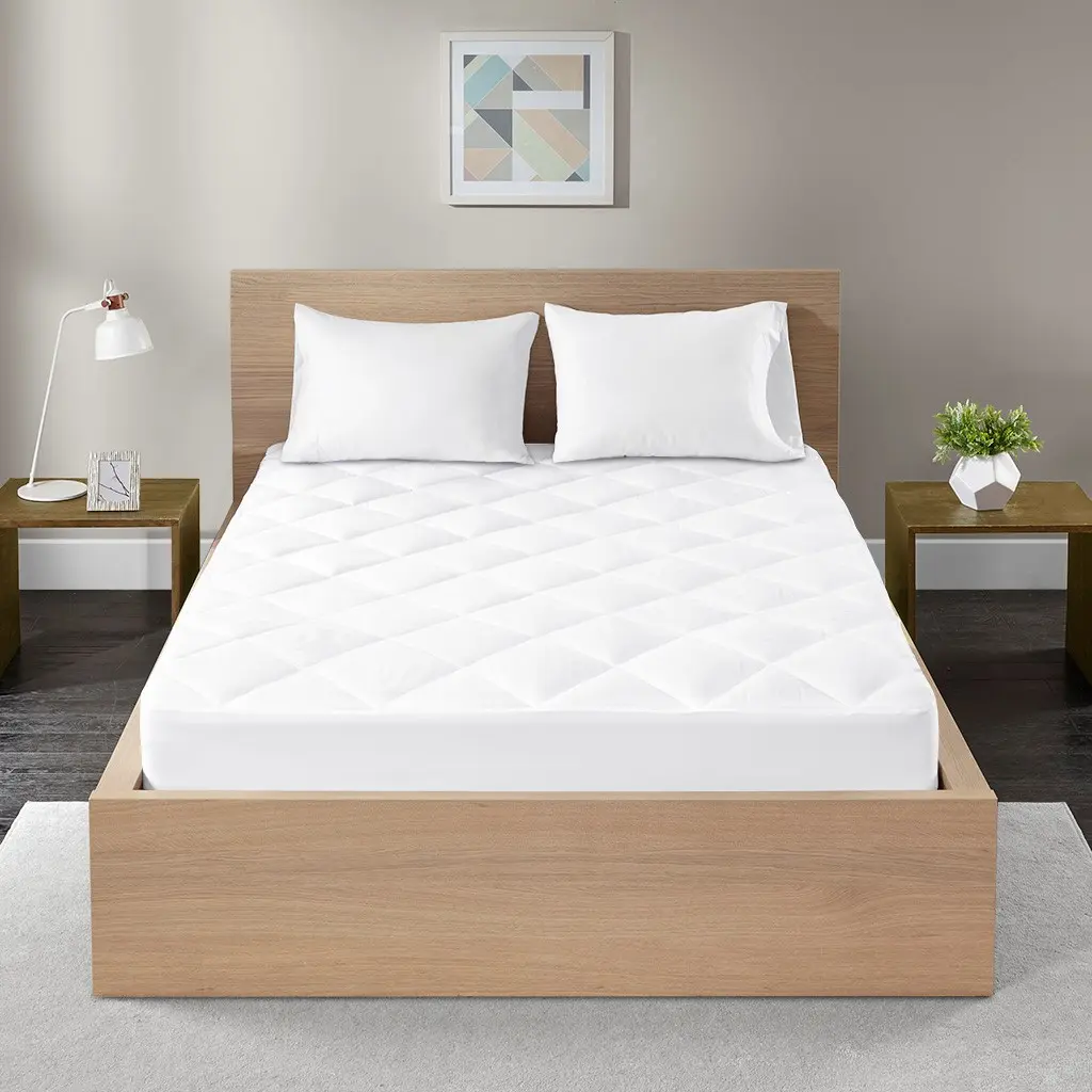 Quiet Nights 300 Thread Count Cotton Sateen Waterproof Mattress Pad, Mattress Protector Pad Waterproof Bed Cover, Diamond Quilted Topper, Fitted Pocket Fits Up to 18 Inch, Machine Washable, White