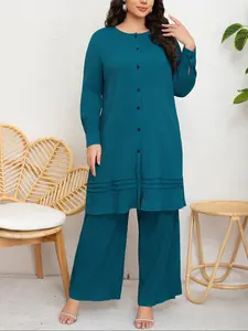 Elegant Plus Size Two-Piece Set, Long Sleeve Shirt and Wide Leg Pants, Perfect for Office, Casual, Dating, Home Relaxation