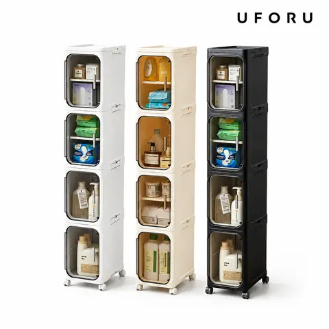 UFORU 1-4 Tier (4-layer) Cornerfit Slim Plastic Storage Cabinet - House Organizers with Doors, Adjustable Shelves, Transport Wheels, Stackable & Collapsible, Fits 8.3" Width, Furniture for Small Spaces Cupboard