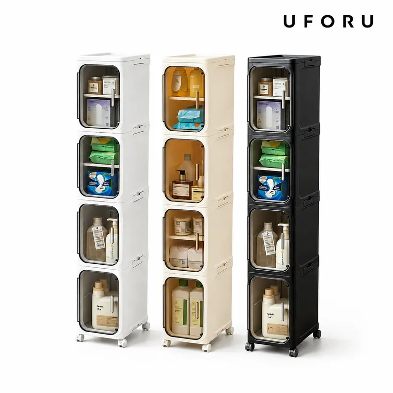 UFORU 1-4 Tier (4-layer) Cornerfit Slim Plastic Storage Cabinet - House Organizers with Doors, Adjustable Shelves, Transport Wheels, Stackable & Collapsible, Fits 8.3" Width, Furniture for Small Spaces Cupboard