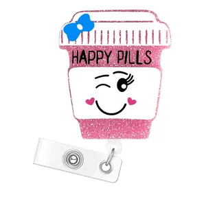 Happy Pills ID Badge Holder, 1 Piece Retractable Badge Reel With Clip, ID Badge Holder For Nurse & Doctor & Student, Id Card Holder