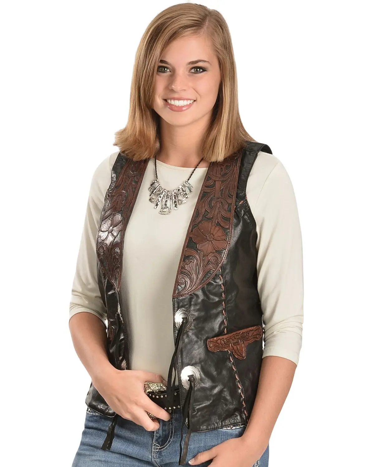 Kobler Leather Women's Floral Tooled Vest - Ladies Carved Vest Blk