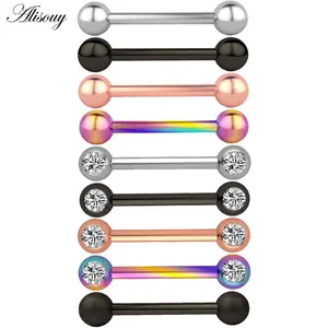 Alisouy 2pcs 14G Stainless Steel Women Long Industrial Barbell Tongue Nipple Ring Bar Tragus Helix Ear Piercing Body Jewelry