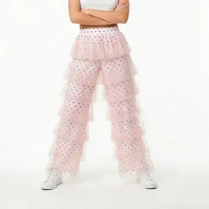 Women's Sequin Tulle Pants Dot Print Elastic High Waist Tiered Loose Wide Leg Trousers for All Seasons Pink wave point