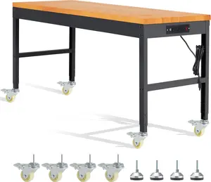 Height Adjustable Workbench with Wheels 60" 2000 Lbs Capacity Solid Wood Work Station Heavy-Duty Rolling Work Tables for Garage Party Shop Office