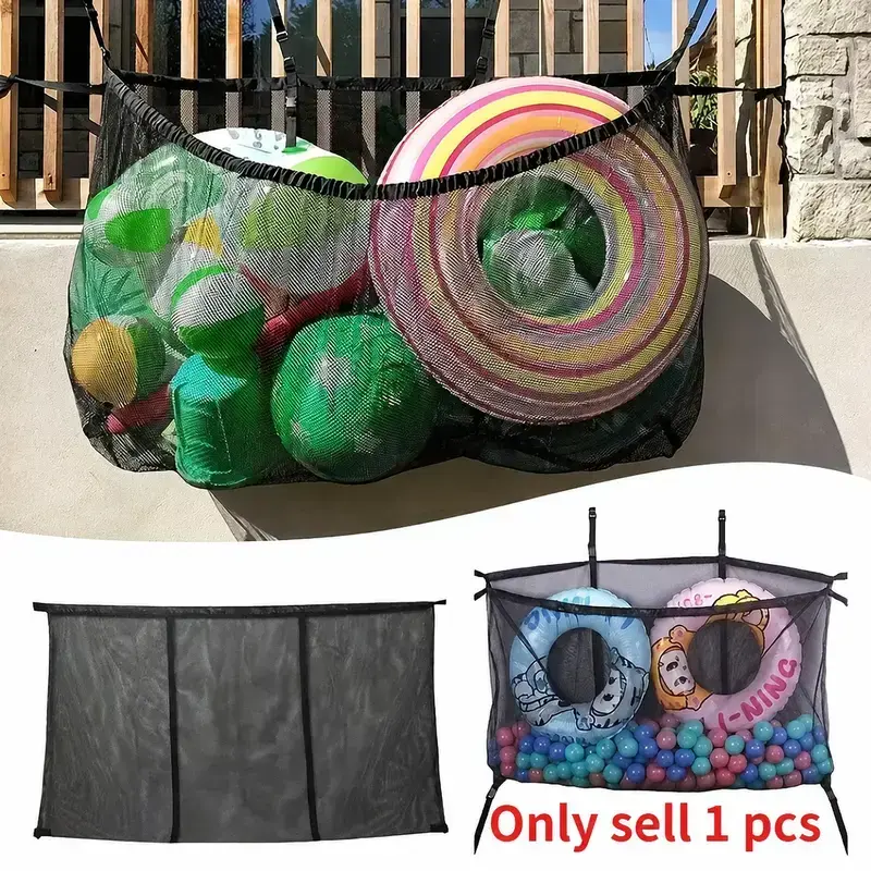 Large Capacity Hanging Net Beach Bag, Hangable Pool Toy Storage Organizer for Swim Rings, Floaties & Beach Accessories, Space-Saving Outdoor Water Sports Organizer for Pool, Beach, Patio & Summer Use