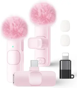 Wireless Lavalier Microphone for iPhone iPad and Android Phone, 2 Pack Lapel Mic Plug and Play Wireless Mic Noise Reduction Microphone for Video Recording Interview Podcast Vlog YouTube Tiktok (Pink)
