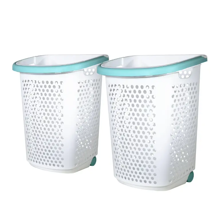 Home Logic 2 Bushel Rolling Plastic Laundry Hamper with Pop-up Handle, White, 2 Pack