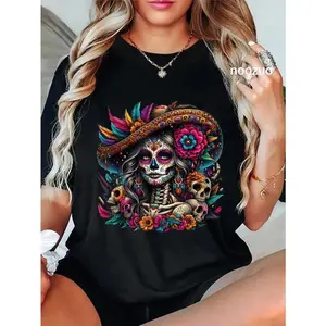 100% Cotton Unisex De Los Muertos La Catrina Day of The Dead Sugar Skull Women T-Shirt cotton  on Women's Trendy Crew Neck Blouse women's  clothes Black Casual Womenswear Tshirt