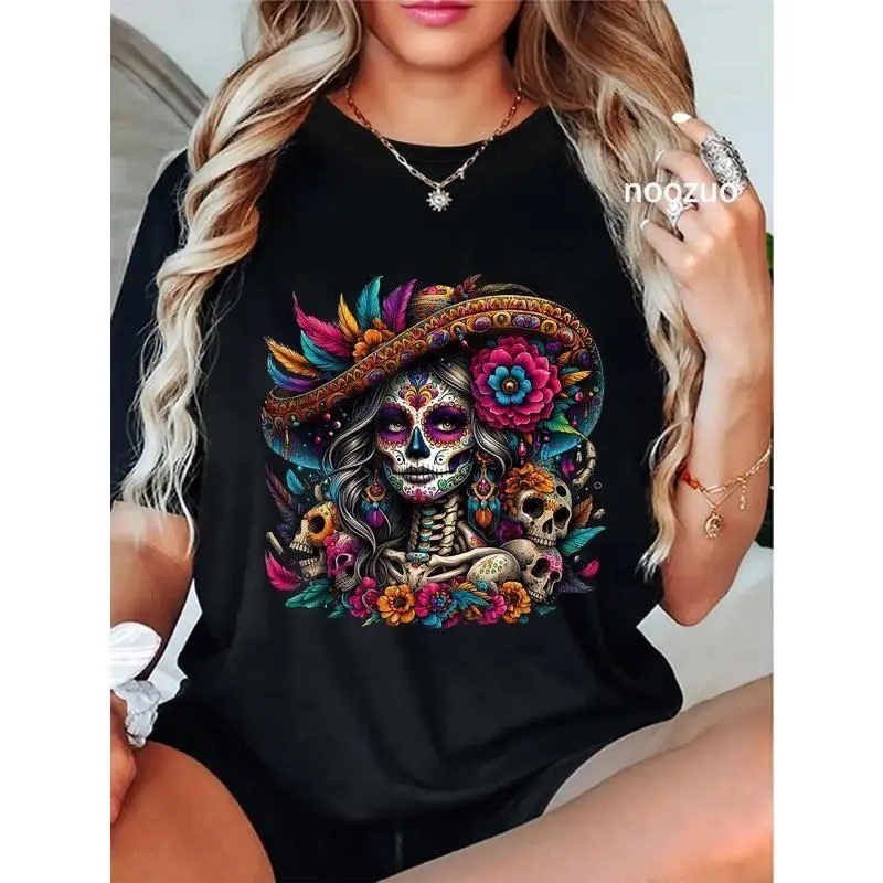 100% Cotton Unisex De Los Muertos La Catrina Day of The Dead Sugar Skull Women T-Shirt cotton  on Women's Trendy Crew Neck Blouse women's  clothes Black Casual Womenswear Tshirt