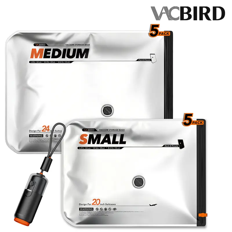 Vacbird U8 10-Piece Eco-Friendly Matte Compression Dustproof Storage Bags Set with 4000Pa Cordless 2-in-1 Rechargeable USB-Battery Air Pump, Home Organiser, Cordless Vacuum for Clothes, Travel Luggage Bags, Travel Organization Pouch, Cable Stays Attached