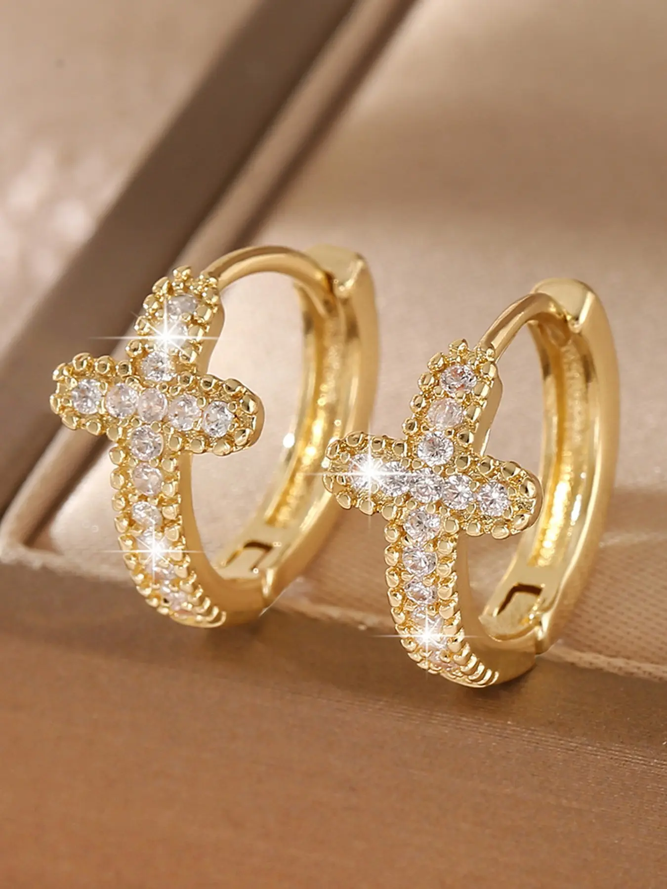 14k Gold Plated Geometric Cross Hoop Earrings for Women Inlaid With Cubic Zirconia - Simple Stylish Elegant Affordable Ear Buckle Earring Everyday Wear Earring Hoops