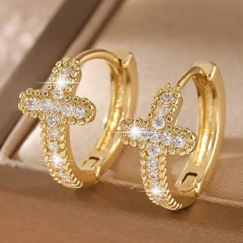 14k Gold Plated Geometric Cross Hoop Earrings for Women Inlaid With Cubic Zirconia - Simple Stylish Elegant Affordable Ear Buckle Earring Everyday Wear Earring Hoops