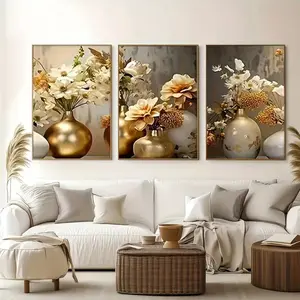 3 Pieces Set Unframed Abstract Vase And Floral Art Gold White Vase Handmade Decor Triptych Wall Poster Canvas Painting Wall Art Aesthetic Room Decor Modern Home Decor Many Home Decor