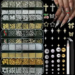 1Set 3D Gold Nail Charms Y2K, Cross Nail Charms and Gems, Gold Bow Cherry Star Charms for Nails Gems, Shine Silver Rhinestone Butterfly Charms Nail Pearls Metal Caviar Beads Accessories for Women DIY, Rhinestone Bow Decorated