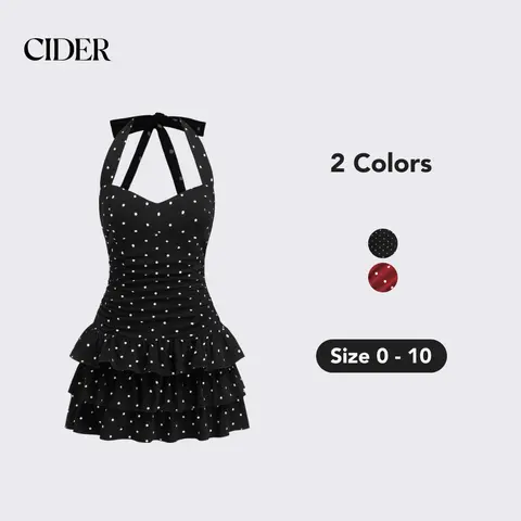 Cider Women's Black Polka Dot Sleeveless Ruched Knit Cotton High-Stretch Above-the-Knee A-Line Tiered Casual Dress - Sheath-Swing Silhouette, for Outdoors (Black Dresses for Women)