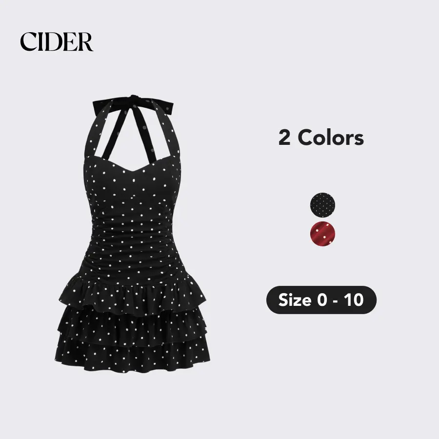 Cider Women's Black Polka Dot Mini Dress, Cute Sleeveless Ruched Tiered A-Line Style for Casual Summer Wear, Polka Dot Dress, Casual Dresses