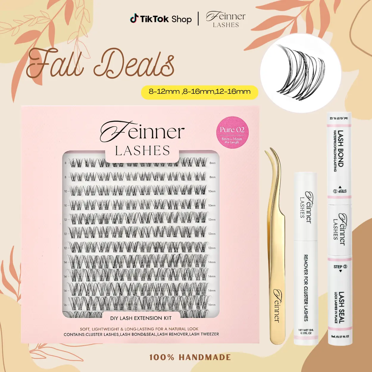 Feinner DIY Eyelash Extensions Cluster Lashes  Pure Collection 0.03 mm Fluffy False Lashes, Invisible Soft Band, Long-Lasting Waterproof Adhesive, Seal Remover, Nature-Inspired D Curl, Salon-Quality At-Home Use, Eyelash Enhancing & Accessories Bundle Set,