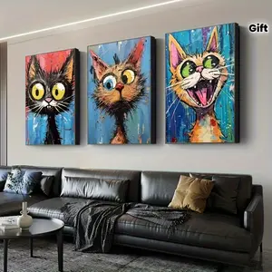 3pcs Abstract Graffiti Colorful Confused CatPop Art Paintings, Featuring Humorous Cat Illustrations And Adorable Animal Cartoons,Modern HomeDecor, Living Room Wall Art,