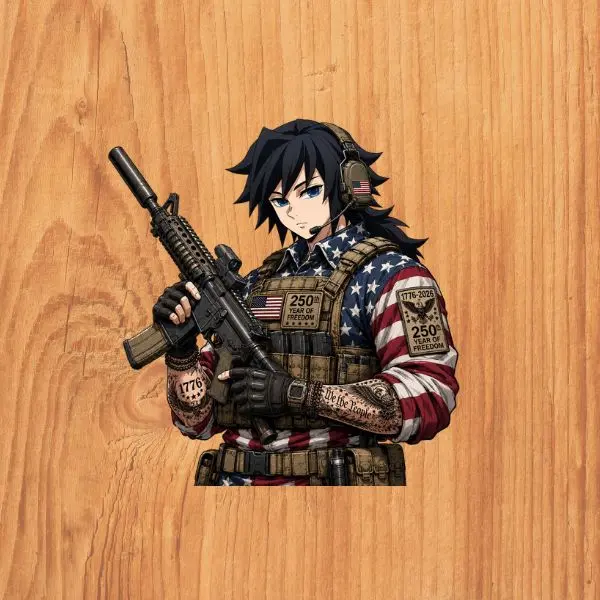 Giyu Tomioka Tactical Patriot Sticker, USA Flag Military Anime Boy, 250th Year of Freedom Vinyl Decal, American Liberty Collectible, 1776-2026 Anniversary